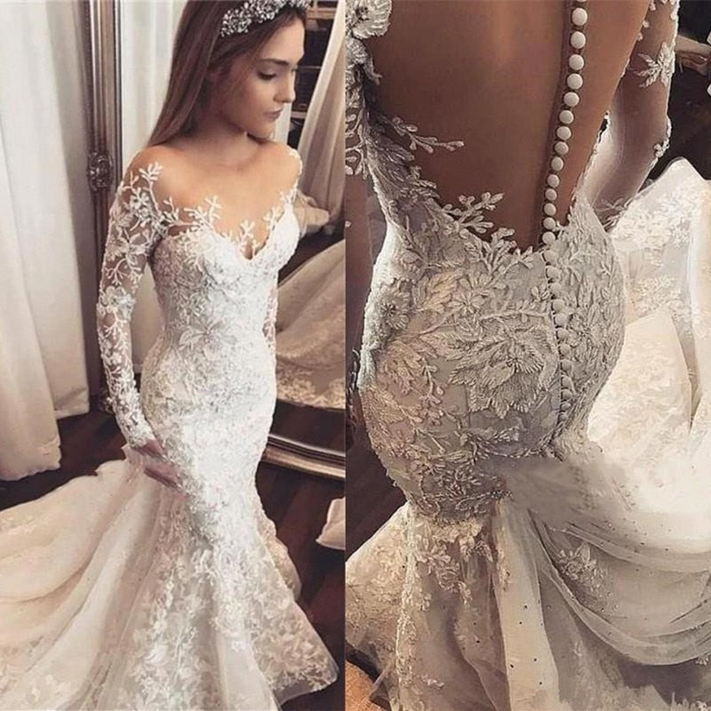 vestido novia 2019 Sexy Mermaid Wedding Dress Long Sleeve White Lace Applique Bridal Wedding Gowns Open Back Bride Wedding Dress