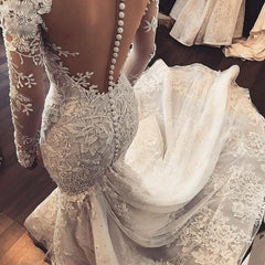vestido novia 2019 Sexy Mermaid Wedding Dress Long Sleeve White Lace Applique Bridal Wedding Gowns Open Back Bride Wedding Dress