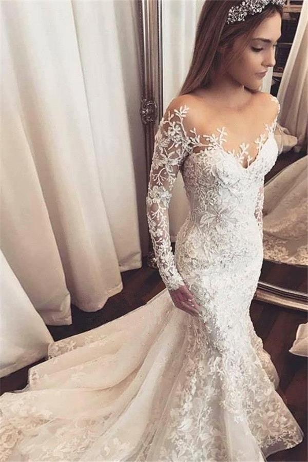 vestido novia 2019 Sexy Mermaid Wedding Dress Long Sleeve White Lace Applique Bridal Wedding Gowns Open Back Bride Wedding Dress