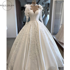 Vintage Satin Ball Gown Wedding Dress Long Sleeve with Feathers High Neck Lace Appliques Wedding Gowns Illusion Back Bride Dress