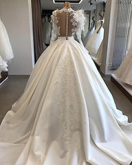 Vintage Satin Ball Gown Wedding Dress Long Sleeve with Feathers High Neck Lace Appliques Wedding Gowns Illusion Back Bride Dress