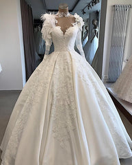 Vintage Satin Ball Gown Wedding Dress Long Sleeve with Feathers High Neck Lace Appliques Wedding Gowns Illusion Back Bride Dress
