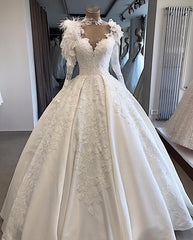 Vintage Satin Ball Gown Wedding Dress Long Sleeve with Feathers High Neck Lace Appliques Wedding Gowns Illusion Back Bride Dress