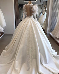 Vintage Satin Ball Gown Wedding Dress Long Sleeve with Feathers High Neck Lace Appliques Wedding Gowns Illusion Back Bride Dress