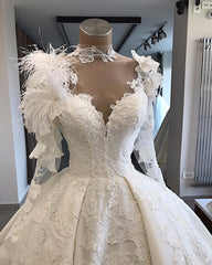 Vintage Satin Ball Gown Wedding Dress Long Sleeve with Feathers High Neck Lace Appliques Wedding Gowns Illusion Back Bride Dress