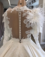 Vintage Satin Ball Gown Wedding Dress Long Sleeve with Feathers High Neck Lace Appliques Wedding Gowns Illusion Back Bride Dress