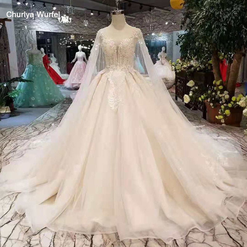 LSS284 light champagne wedding gowns with long cape illusion o-neck lace up back wedding dresses ball gown from real factory