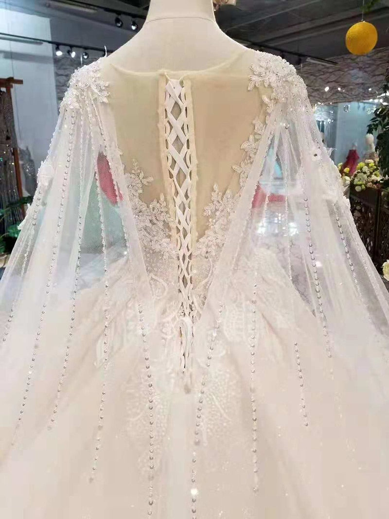 LSS284 light champagne wedding gowns with long cape illusion o-neck lace up back wedding dresses ball gown from real factory