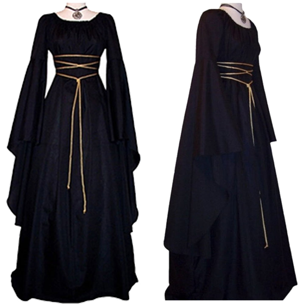 Women Gown Halloween Ruffled Dress Evening Party Long Sleeve Gothic Medieval Crew Neck Ladies Party Cosplay Dress