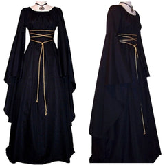 Women Gown Halloween Ruffled Dress Evening Party Long Sleeve Gothic Medieval Crew Neck Ladies Party Cosplay Dress