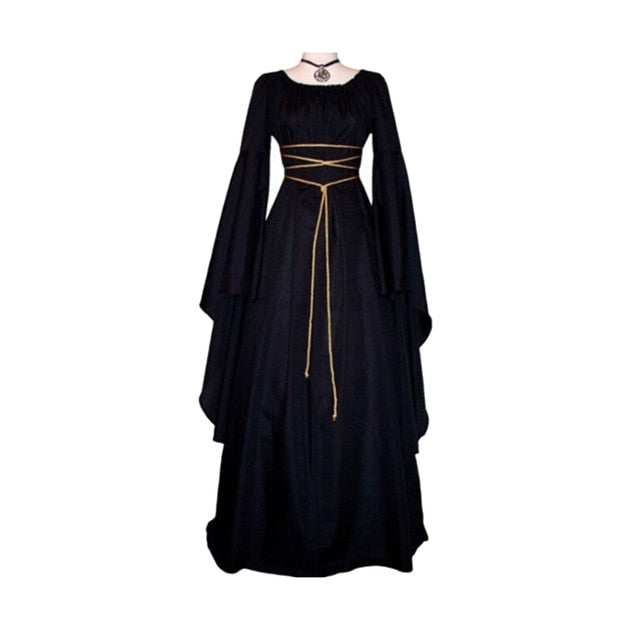 Women Gown Halloween Ruffled Dress Evening Party Long Sleeve Gothic Medieval Crew Neck Ladies Party Cosplay Dress