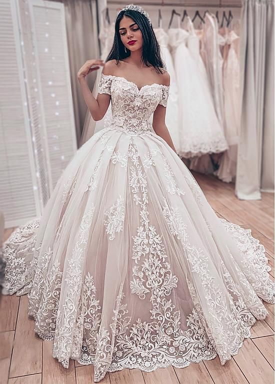 Gorgeous Lace Ball Gown Wedding Dresses 2019 Sweetheart Off The Shoulder Appliques Lace Up Back Muslim Bride Wedding Gowns