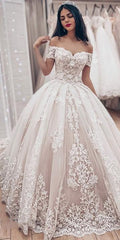 Gorgeous Lace Ball Gown Wedding Dresses 2019 Sweetheart Off The Shoulder Appliques Lace Up Back Muslim Bride Wedding Gowns