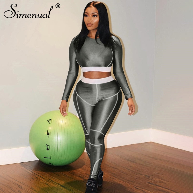 Simenual Fitness Sporty Active Wear Tracksuits Women Casual Fashion Workout 2 Piece Sets Long Sleeve Top And Leggings Set Solid