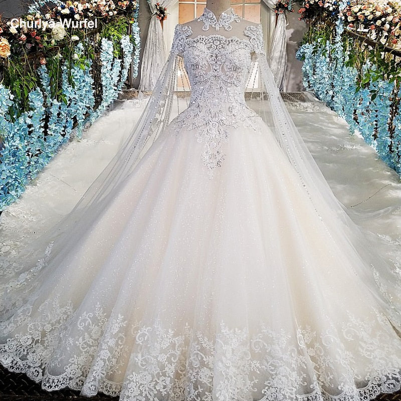 LS00169 Luxury wedding gowns with cape beaded ball gown short sleeves high neckine lace vestido de noiva princesa real photos