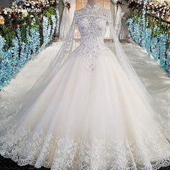 LS00169 Luxury wedding gowns with cape beaded ball gown short sleeves high neckine lace vestido de noiva princesa real photos