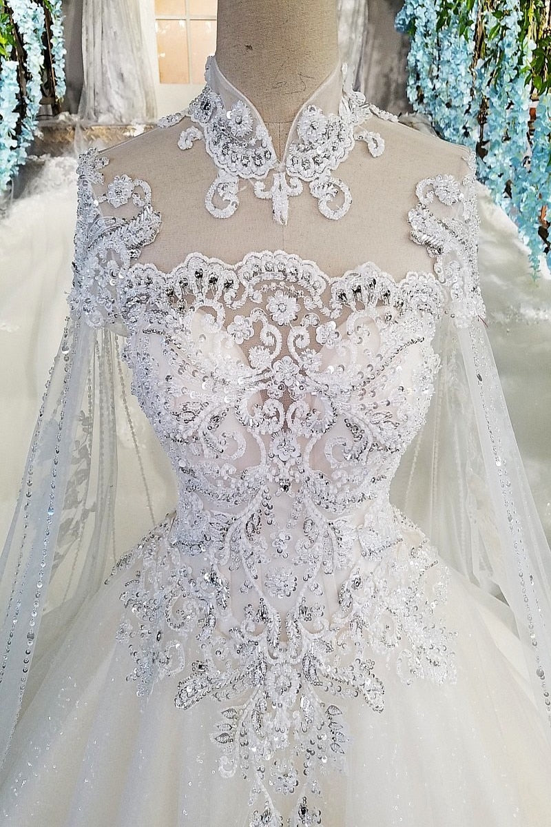 LS00169 Luxury wedding gowns with cape beaded ball gown short sleeves high neckine lace vestido de noiva princesa real photos