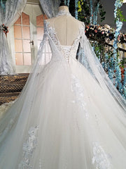 LS00169 Luxury wedding gowns with cape beaded ball gown short sleeves high neckine lace vestido de noiva princesa real photos