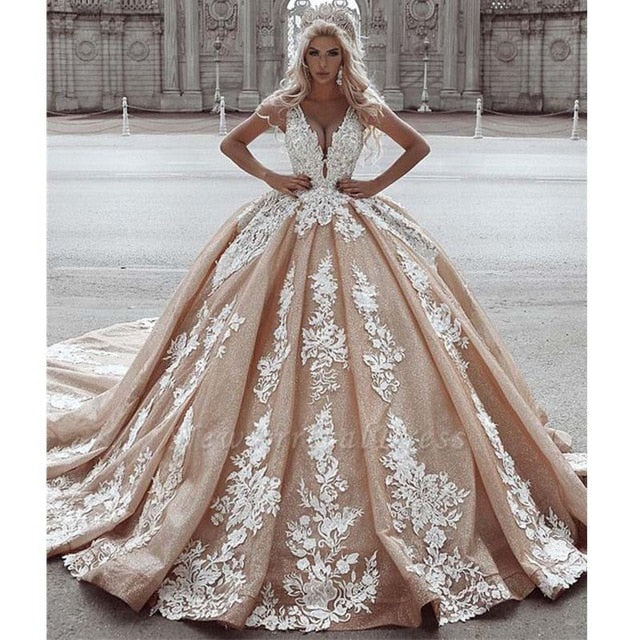 Robe De Mariee 2019 Sexy Deep-V-Neck Ball Gown Wedding Dress Sleeveless Appliques Long Train Beidal Wedding Gowns
