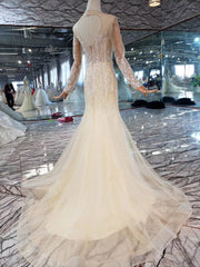 Mermaid Wedding Dresses Brush Train O Neck Long Sleeves Simple Trumpet Bridal Dresses Detachable Train MD11845#