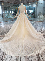 Mermaid Wedding Dresses Brush Train O Neck Long Sleeves Simple Trumpet Bridal Dresses Detachable Train MD11845#