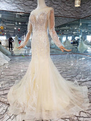 Mermaid Wedding Dresses Brush Train O Neck Long Sleeves Simple Trumpet Bridal Dresses Detachable Train MD11845#