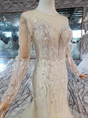 Mermaid Wedding Dresses Brush Train O Neck Long Sleeves Simple Trumpet Bridal Dresses Detachable Train MD11845#