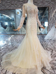 Mermaid Wedding Dresses Brush Train O Neck Long Sleeves Simple Trumpet Bridal Dresses Detachable Train MD11845#