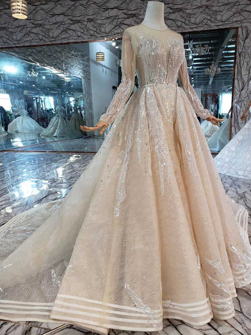 Mermaid Wedding Dresses Brush Train O Neck Long Sleeves Simple Trumpet Bridal Dresses Detachable Train MD11845#
