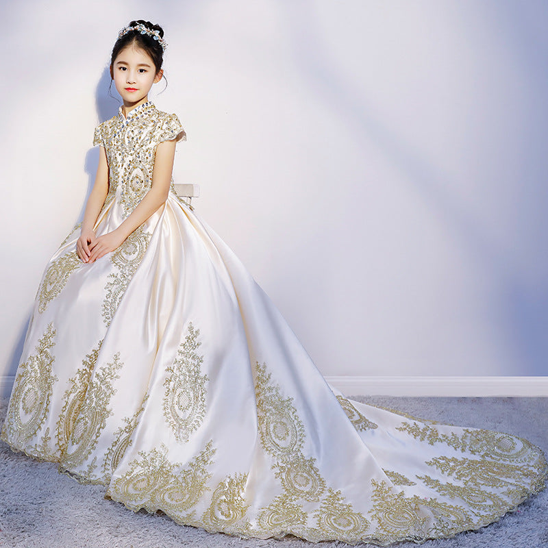 Luxury golden flower girl dresses for wedding beaded children night ball dresses girls dresses with train