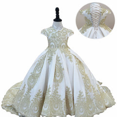 Luxury golden flower girl dresses for wedding beaded children night ball dresses girls dresses with train