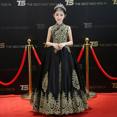 Luxury golden flower girl dresses for wedding beaded children night ball dresses girls dresses with train