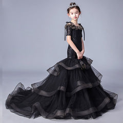 Luxury golden flower girl dresses for wedding beaded children night ball dresses girls dresses with train