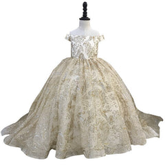 Luxury golden flower girl dresses for wedding beaded children night ball dresses girls dresses with train