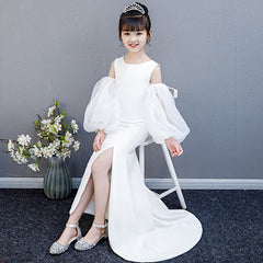 Luxury golden flower girl dresses for wedding beaded children night ball dresses girls dresses with train