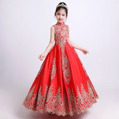 Luxury golden flower girl dresses for wedding beaded children night ball dresses girls dresses with train