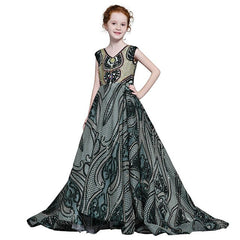 Luxury golden flower girl dresses for wedding beaded children night ball dresses girls dresses with train