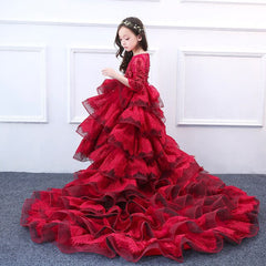 Luxury golden flower girl dresses for wedding beaded children night ball dresses girls dresses with train