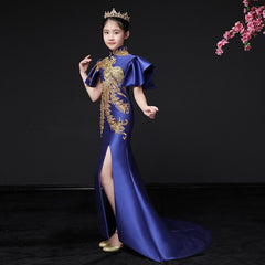 Luxury golden flower girl dresses for wedding beaded children night ball dresses girls dresses with train
