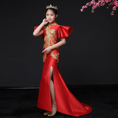 Luxury golden flower girl dresses for wedding beaded children night ball dresses girls dresses with train