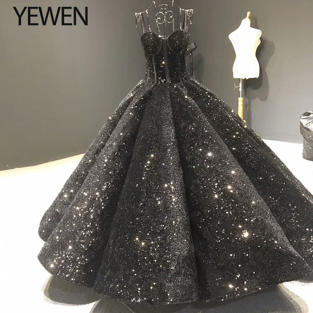 Luxury Black Sequined wedding dress 2019 sleeveless plus size wedding dresses bridal ball gown vestido de novia YeWen YW19060
