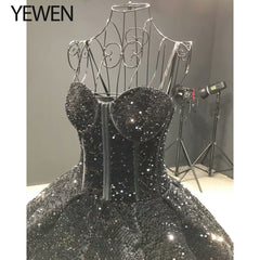 Luxury Black Sequined wedding dress 2019 sleeveless plus size wedding dresses bridal ball gown vestido de novia YeWen YW19060