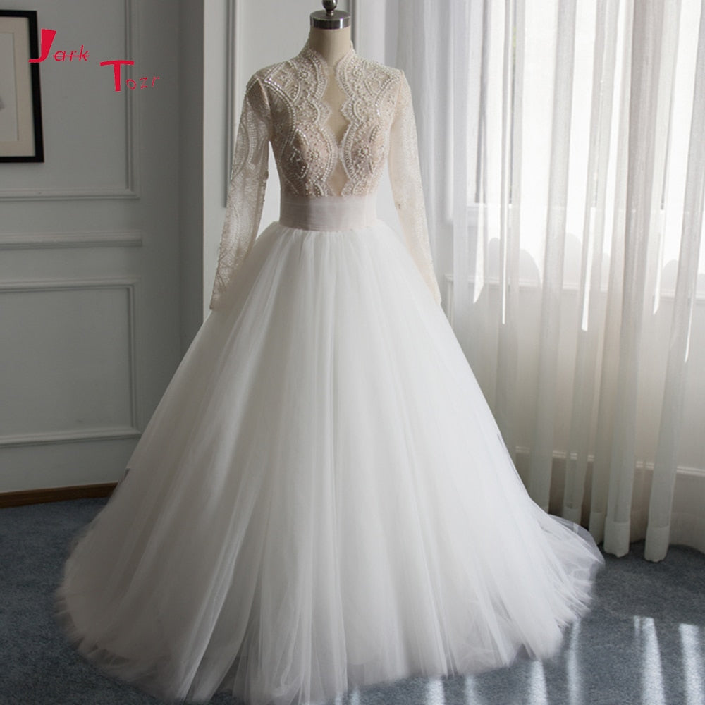 Jark Tozr Custom Made High Neck Full Sleeve Lace Beading Sequins A-line Bridal Wedding Dresses 2019 China Vestido De Casamento