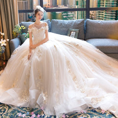 HIRE LNYER Custom Made Short Sleeve Open Back Beading Crystal Flowers Princess Ball Gown Wedding Dresses With Petticoat 2019