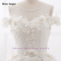 HIRE LNYER Custom Made Short Sleeve Open Back Beading Crystal Flowers Princess Ball Gown Wedding Dresses With Petticoat 2019