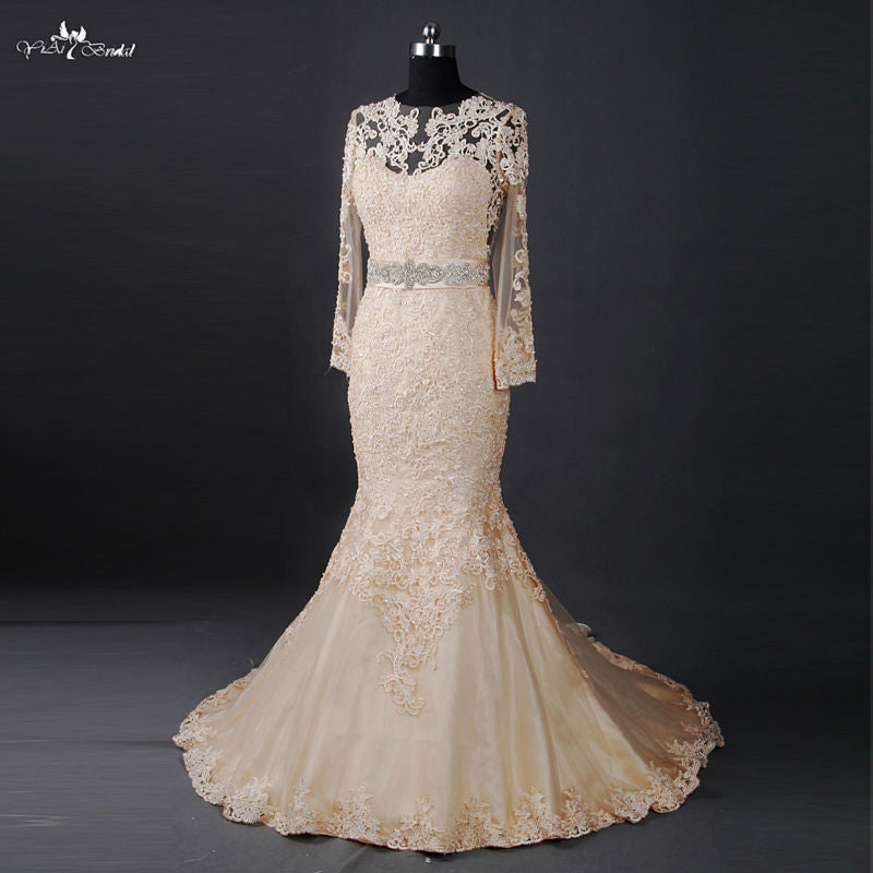 RSW817 See Through Back Long Sleeve Mermaid Venice Lace Champagne Wedding Dress