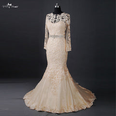 RSW817 See Through Back Long Sleeve Mermaid Venice Lace Champagne Wedding Dress
