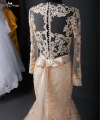 RSW817 See Through Back Long Sleeve Mermaid Venice Lace Champagne Wedding Dress