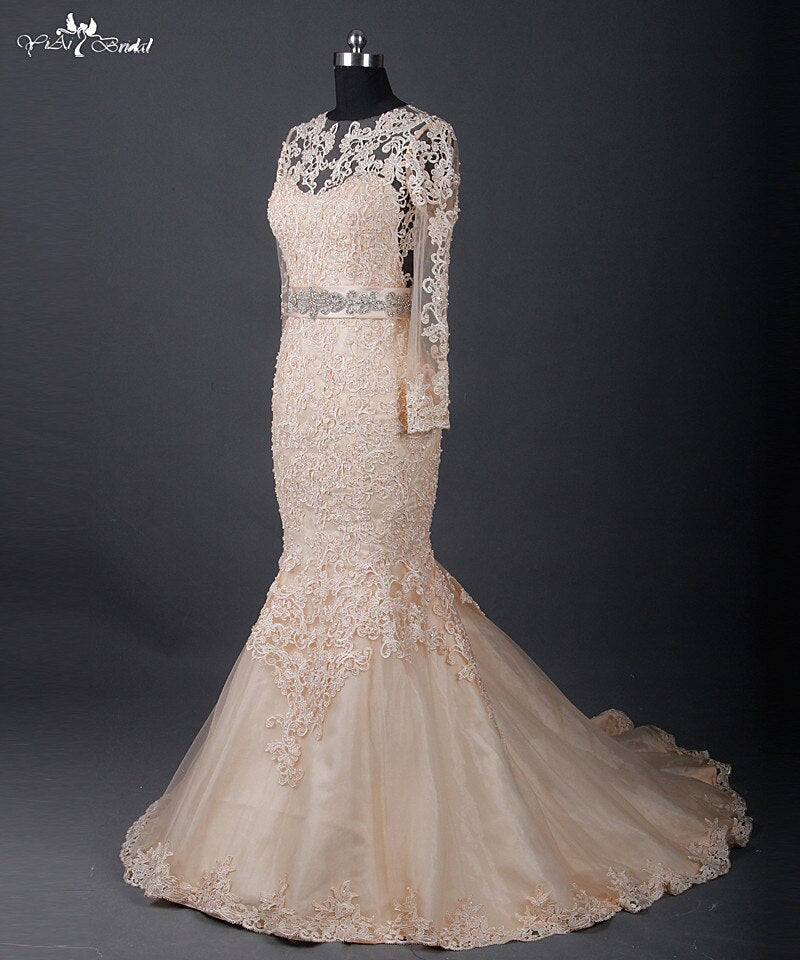 RSW817 See Through Back Long Sleeve Mermaid Venice Lace Champagne Wedding Dress