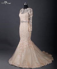 RSW817 See Through Back Long Sleeve Mermaid Venice Lace Champagne Wedding Dress